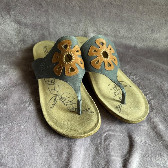 Josef Seibel Shoes - Josef Seibel Women Grey Leather Floral Cutout Thong Wedge Sandals Size 42